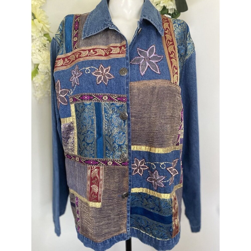 Bedford Fair Lifestyles Jean Shirt Jacket w Embroidery Appliques Beads Sz L Vtg - Picture 16 of 16